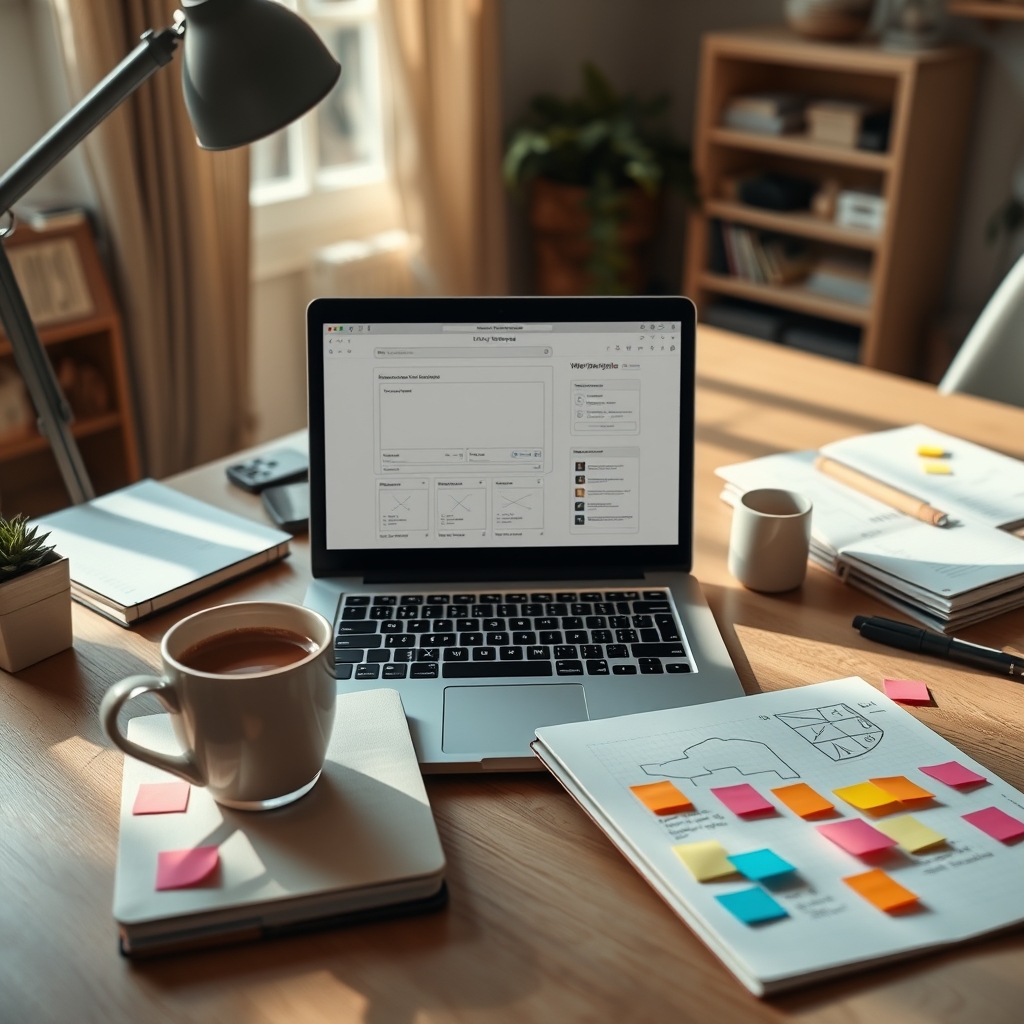 A cozy, sunlit home office desk with a laptop showing a website wireframe, a cup of warm coffee, and a notebook filled with colorful sketches and sticky notes.
