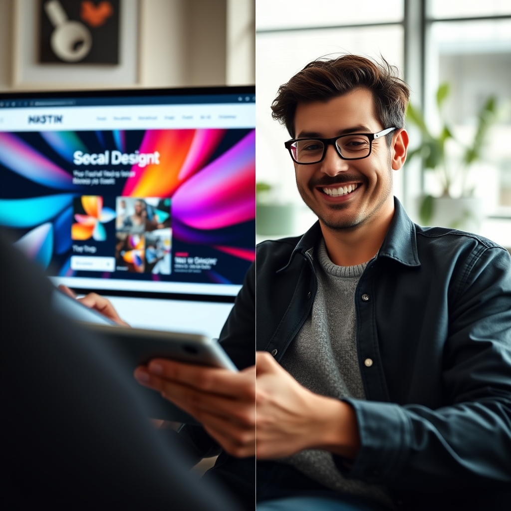 A split-screen view showing a vibrant, modern website design on one side and a user smiling while easily navigating it on a tablet on the other side.