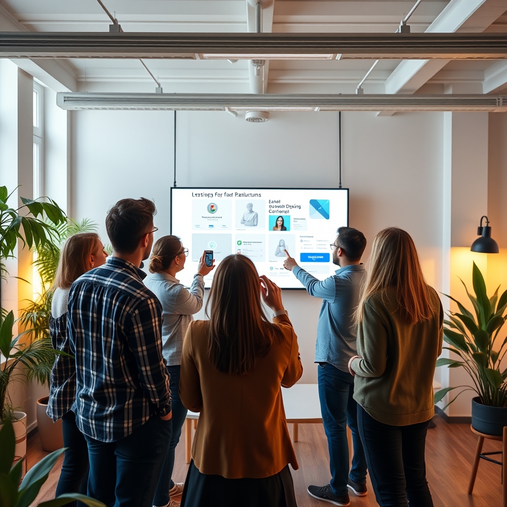 A collaborative team meeting in a bright, modern studio, pointing at a large screen displaying design mockups, with plants and warm lighting creating an inviting atmosphere.
