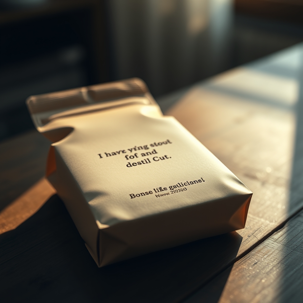 A close-up of a thoughtfully designed product packaging on a wooden table, with soft morning light highlighting its texture and a simple, meaningful slogan engraved subtly.