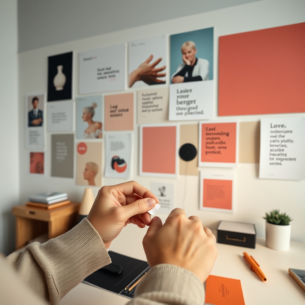 A minimalist brand workspace, focusing on a designer's hands carefully adjusting a small detail on a mock-up, surrounded by mood boards filled with cohesive colors and philosophical keywords.