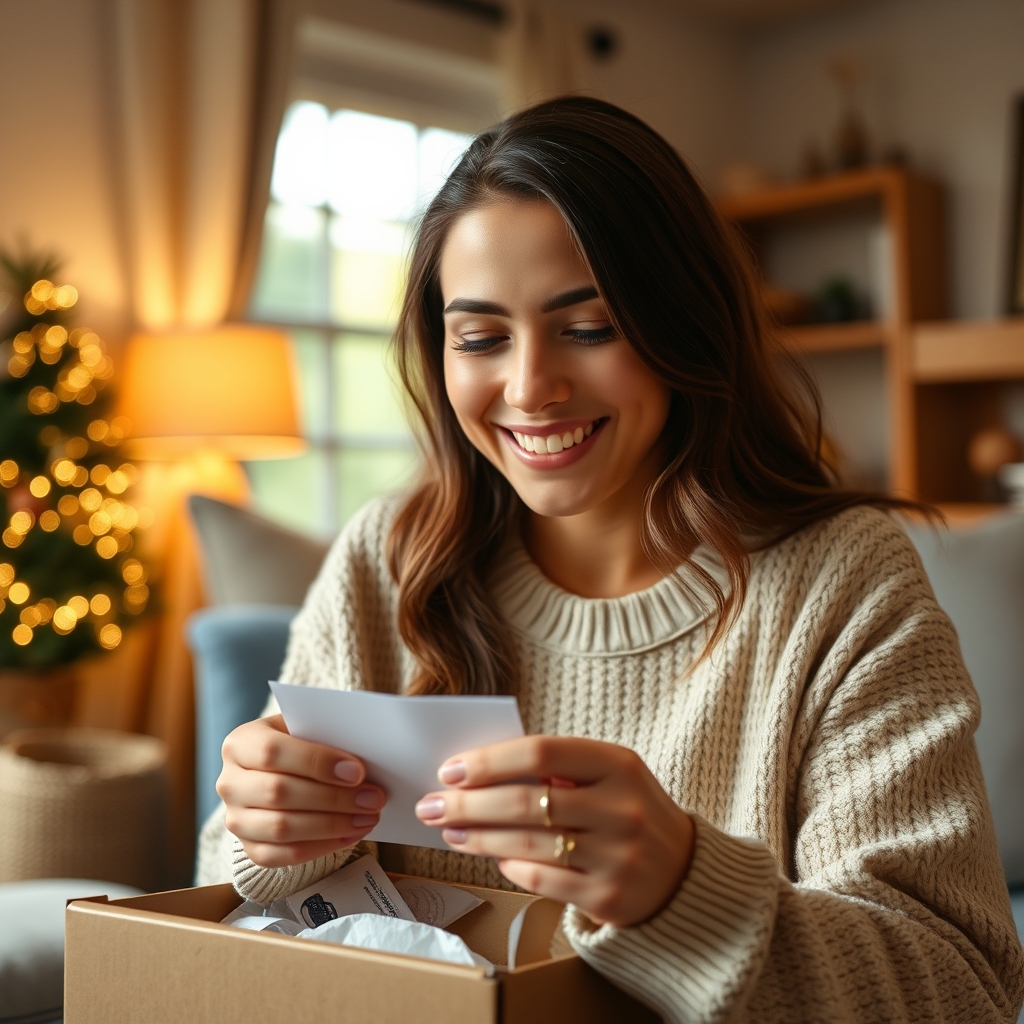 A customer smiling while unboxing a product in a cozy home setting, their eyes showing delight as they discover a small, handwritten thank-you note inside the box.