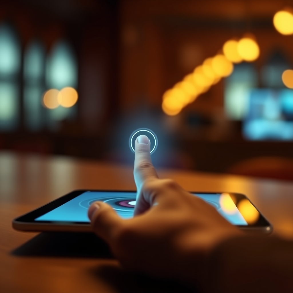 A user's hand interacting with a tablet screen, showing a gentle ripple animation expanding from the touch point, surrounded by a warm, inviting light.
