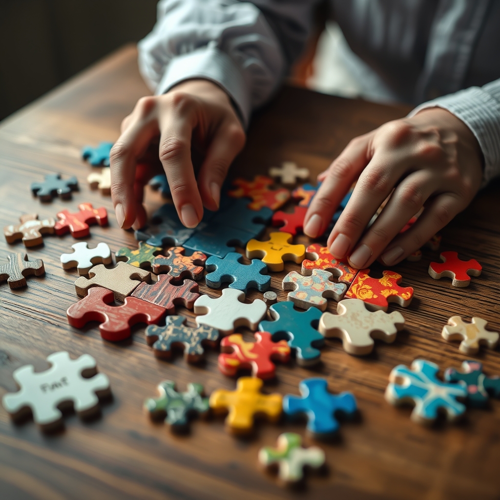 A close-up of hands carefully arranging diverse, colorful puzzle pieces on a wooden table, symbolizing the meticulous work of connecting with different audiences.