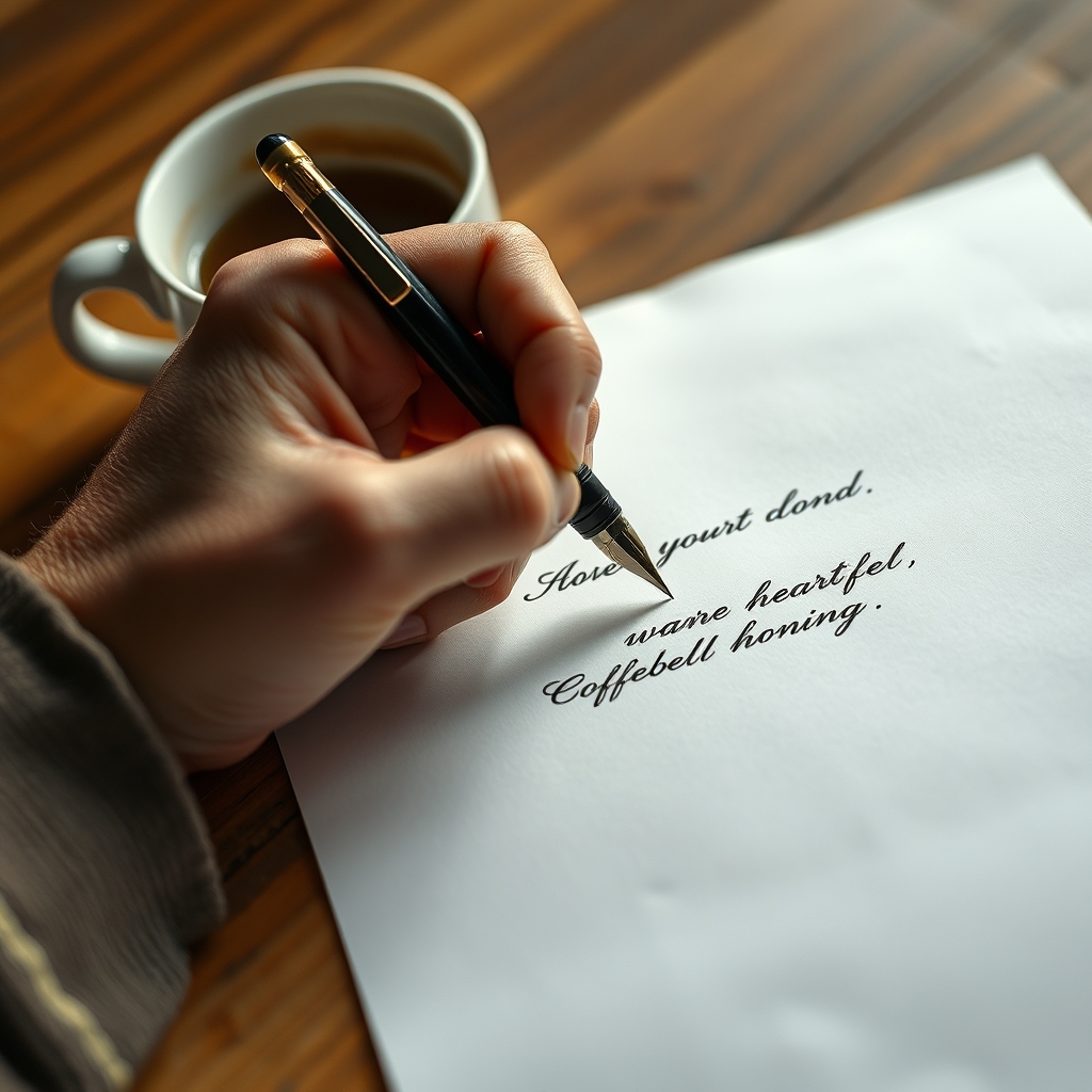 A person's hand writing a heartfelt message with a fountain pen on high-quality paper, with a warm cup of coffee beside it, evoking care and personal touch.