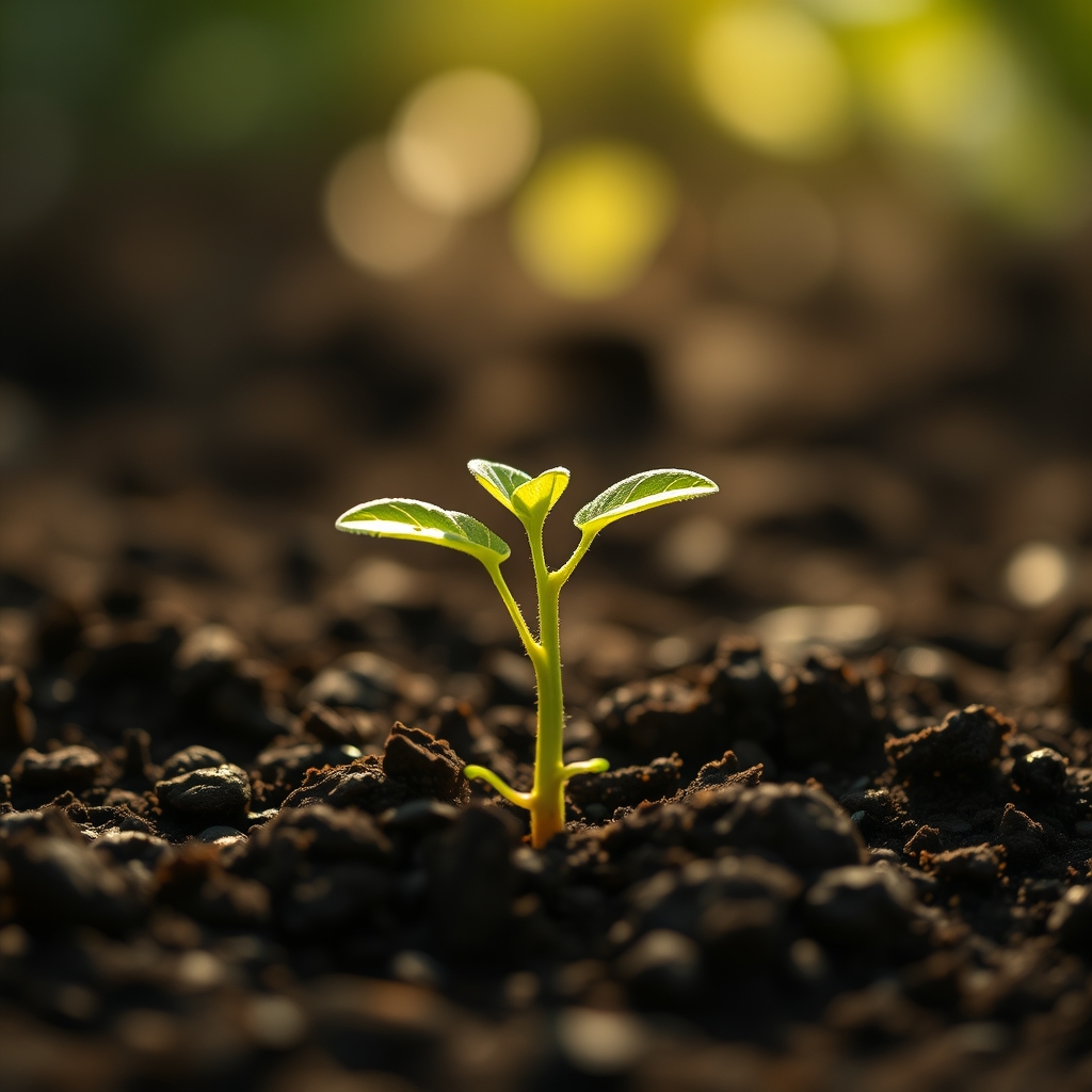 A small, healthy plant growing from a heart-shaped seed planted in rich soil, with sunlight filtering through, representing growth from genuine care.