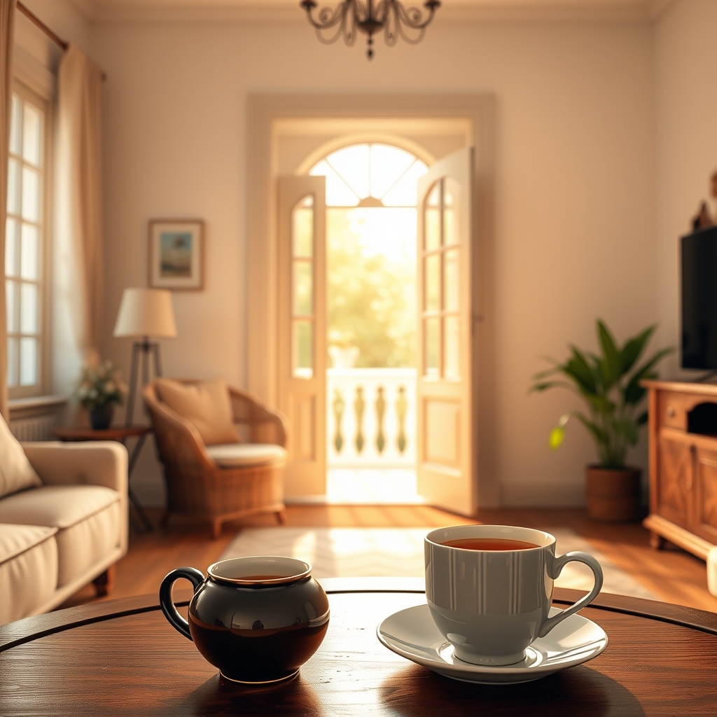A cozy, sunlit living room interior with a welcoming open door, soft light streaming in, and a cup of warm tea on a table, symbolizing a welcoming homepage.