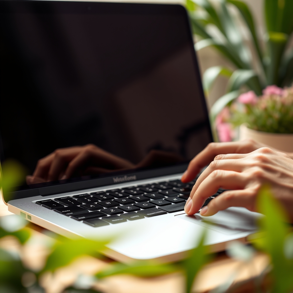 A close-up of hands typing on a laptop, with a gentle smile reflected on the screen, surrounded by soft focus plants, conveying friendly digital communication.