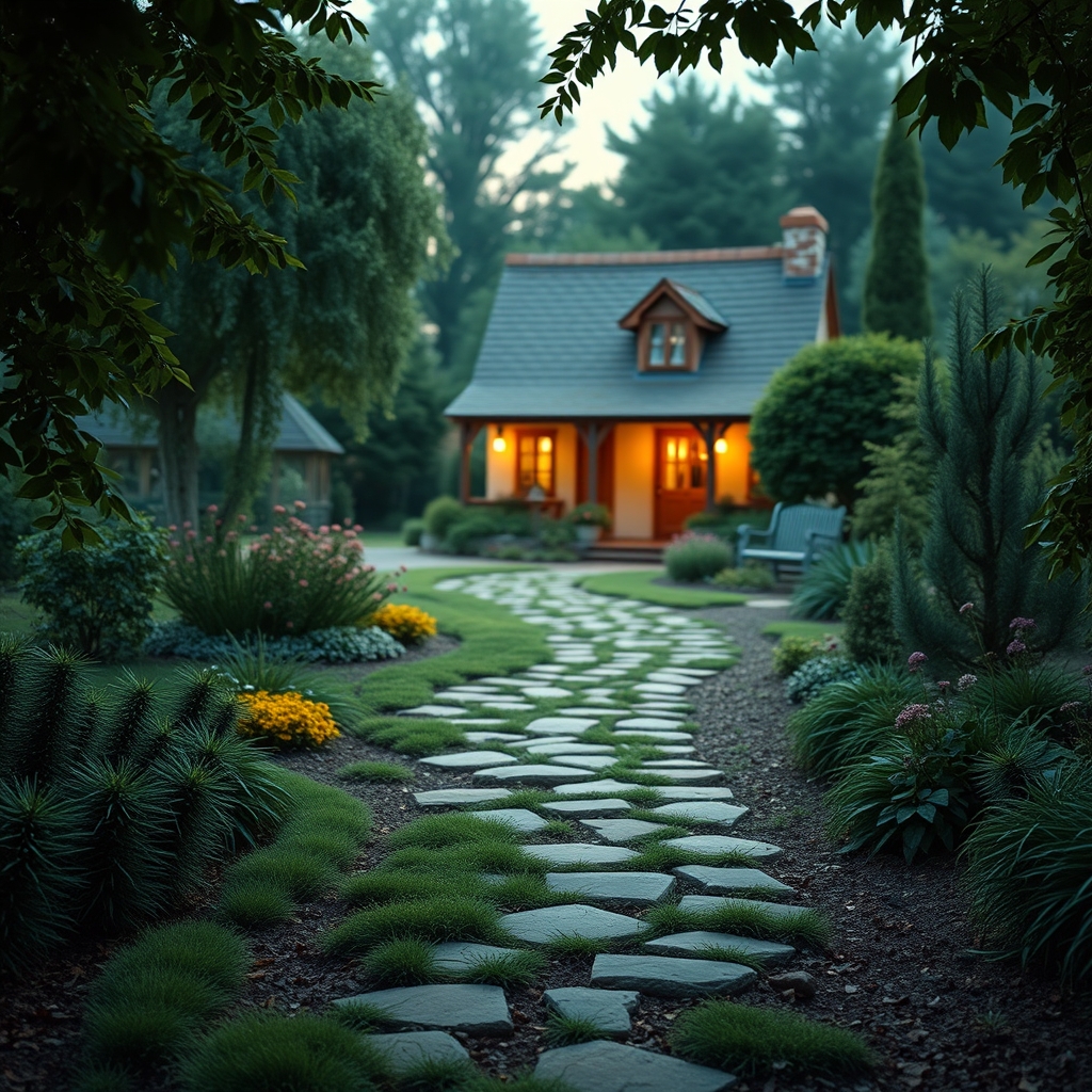 A winding garden path leading to a charming, well-lit cottage, with soft lights guiding the way, representing an intuitive and welcoming user journey on a website.