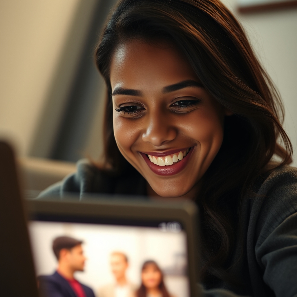 A warm, close-up shot of a person smiling genuinely while watching a video on a laptop, screen glow reflecting in their eyes.