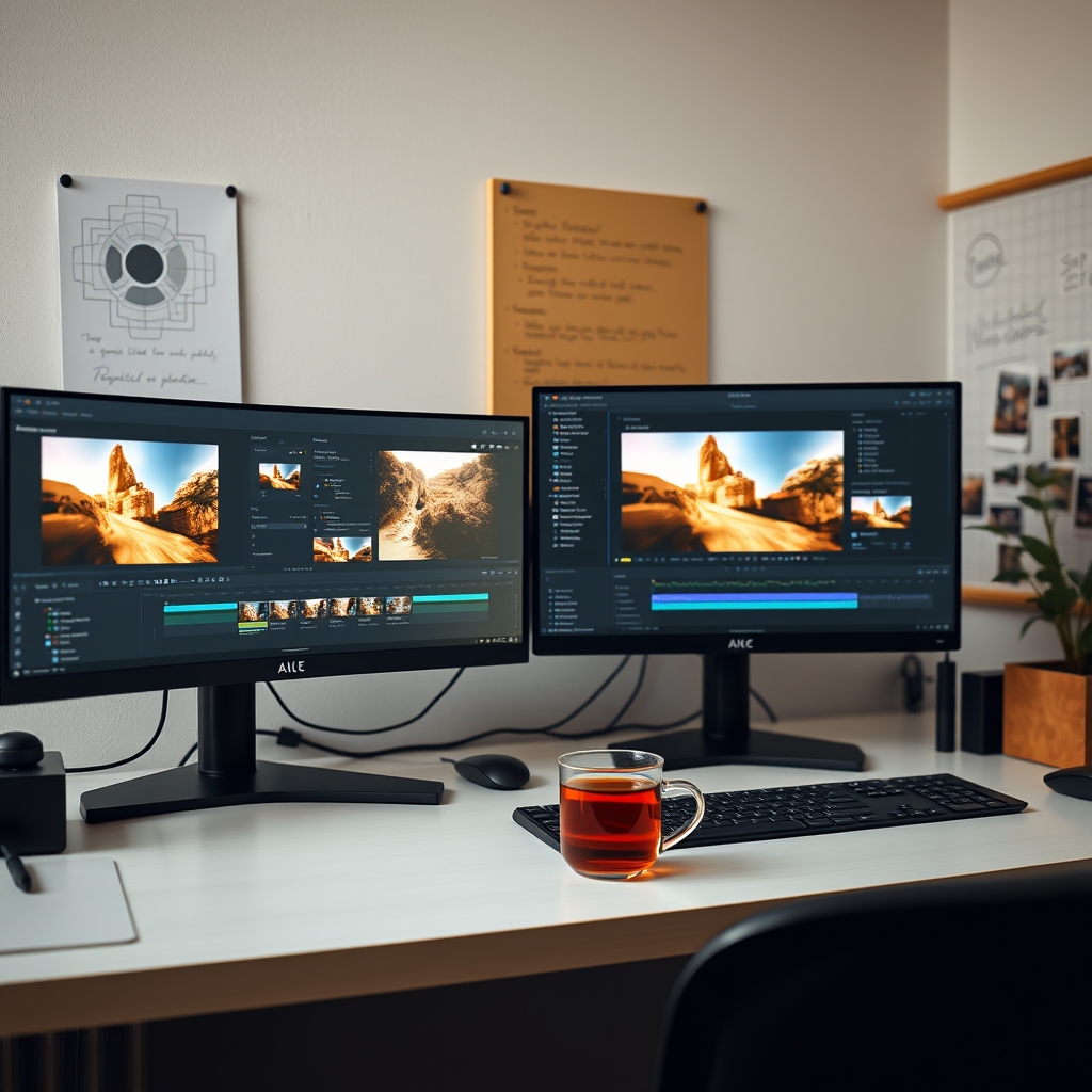 A creative workspace with dual monitors showing video editing software, a storyboard on the wall, and a cup of warm tea.