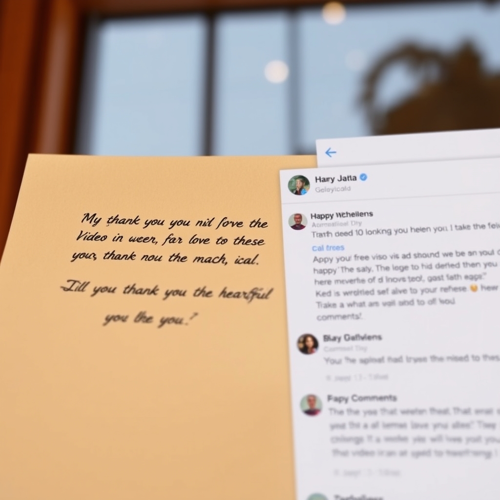 A split-screen image showing a heartfelt thank-you email on one side and a social media post sharing the video with happy comments on the other.