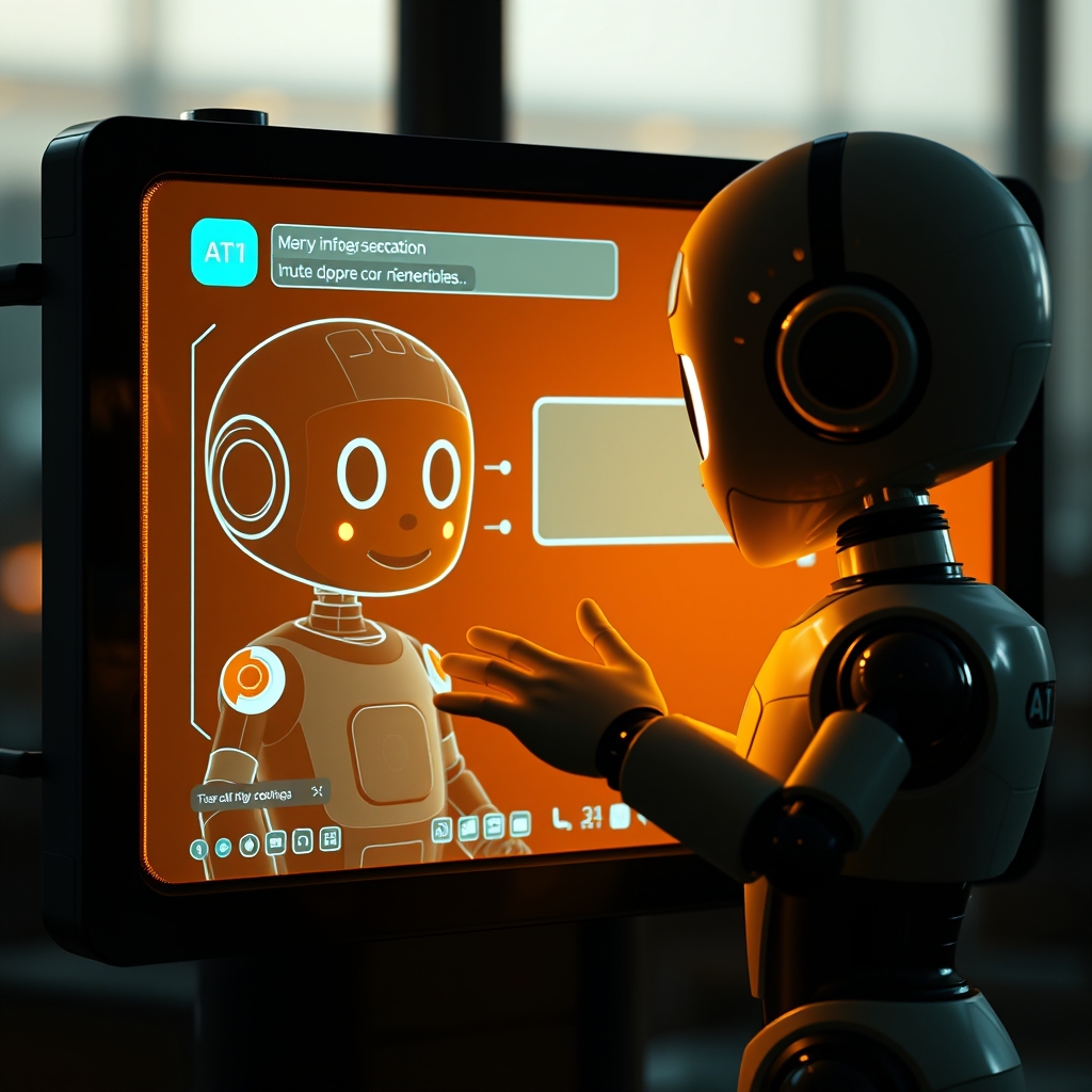 A warm, inviting digital screen showing a friendly, animated AI character gesturing towards a simple interface, with soft light emanating from it.