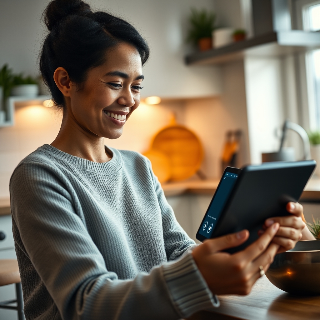A person smiling while interacting with a tablet, where a helpful AI video guide is playing, showing a step-by-step cooking recipe in a cozy kitchen setting.