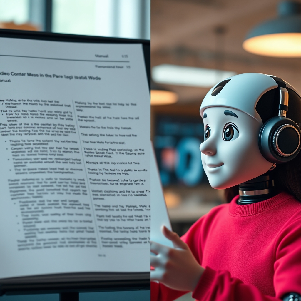 A split-screen showing a cold, text-heavy manual on one side, and a vibrant, engaging AI video guide with a friendly avatar on the other, highlighting the emotional contrast.