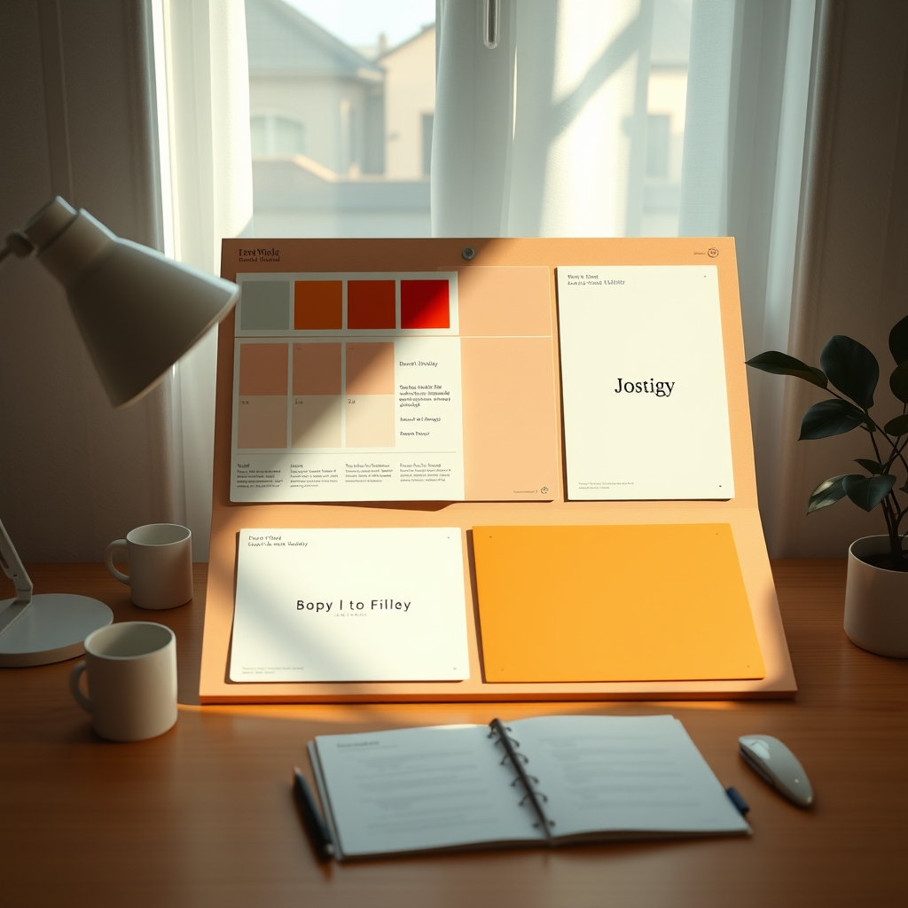 A minimalist desk with a brand mood board, featuring swatches of a cohesive color palette, elegant typography samples, and a simple logo sketch, bathed in soft morning light.