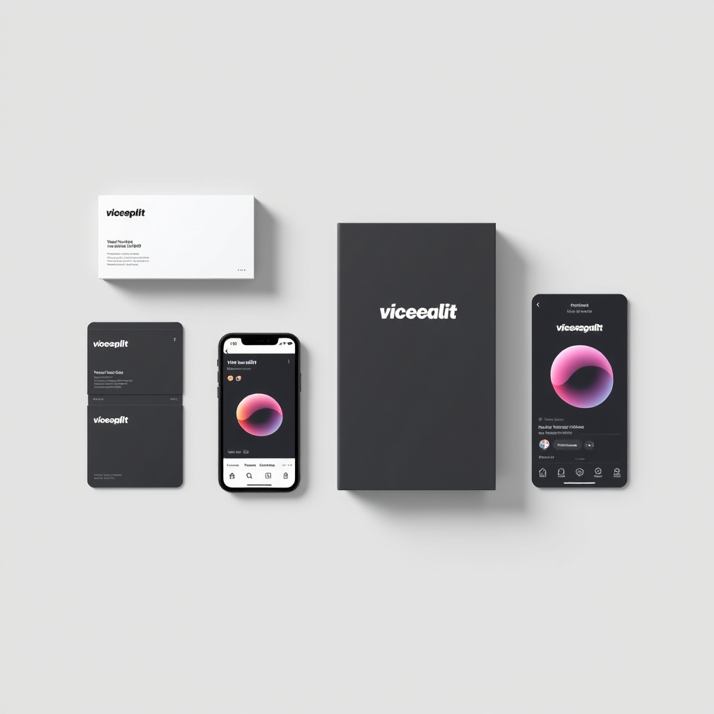 A cohesive set of brand materials—business card, mobile app screen, packaging, and social media post—all aligned in design, arranged neatly on a light grey background.
