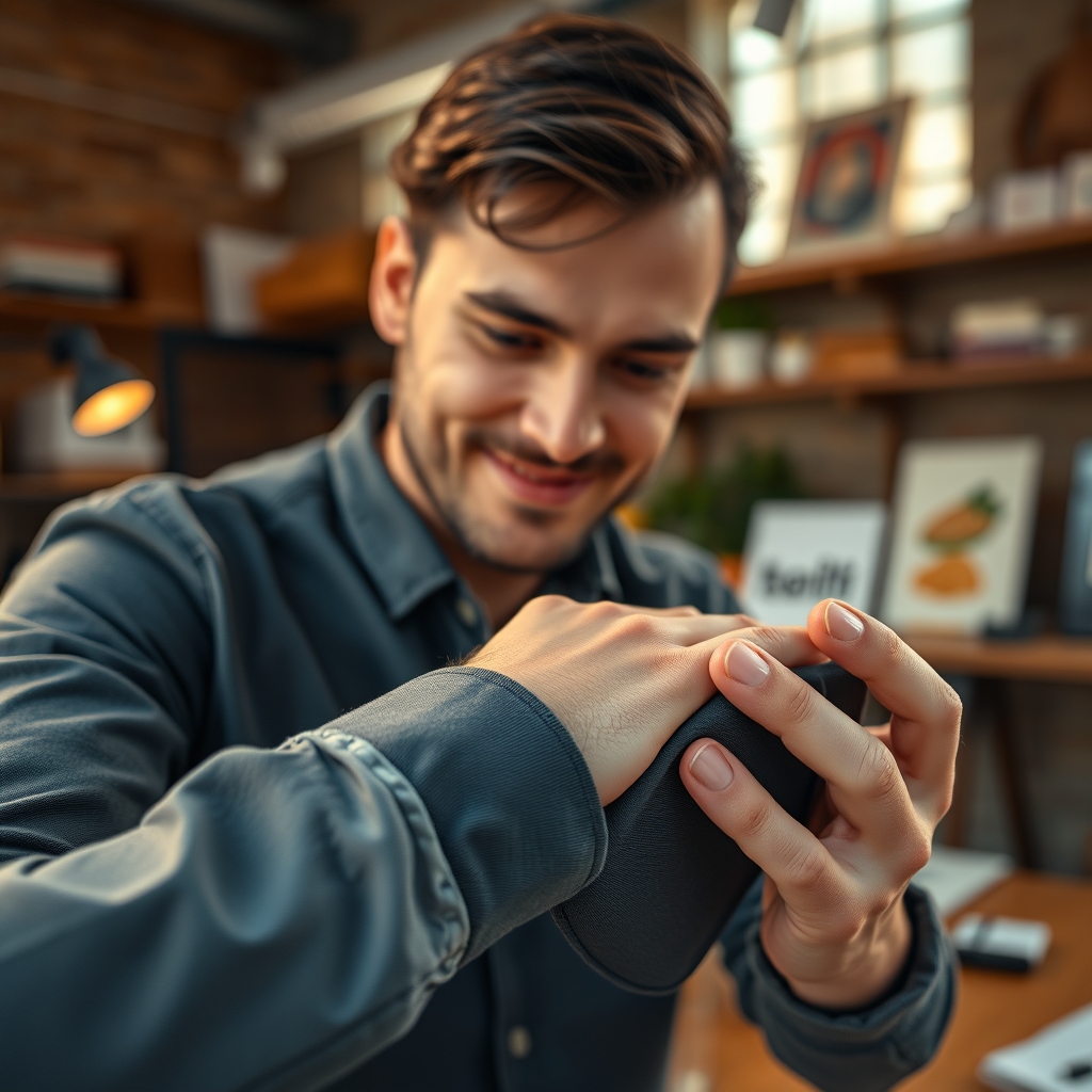A designer's hand gently touching a final brand application on a product, with a focused and satisfied expression, in a warm, creative studio atmosphere.