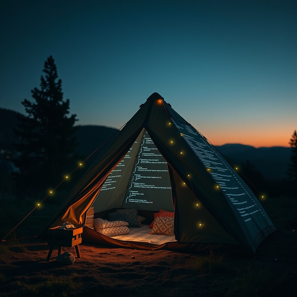 A cozy, well-lit digital campsite at dusk with a tent made of glowing code and data streams, representing a homepage as a basecamp.
