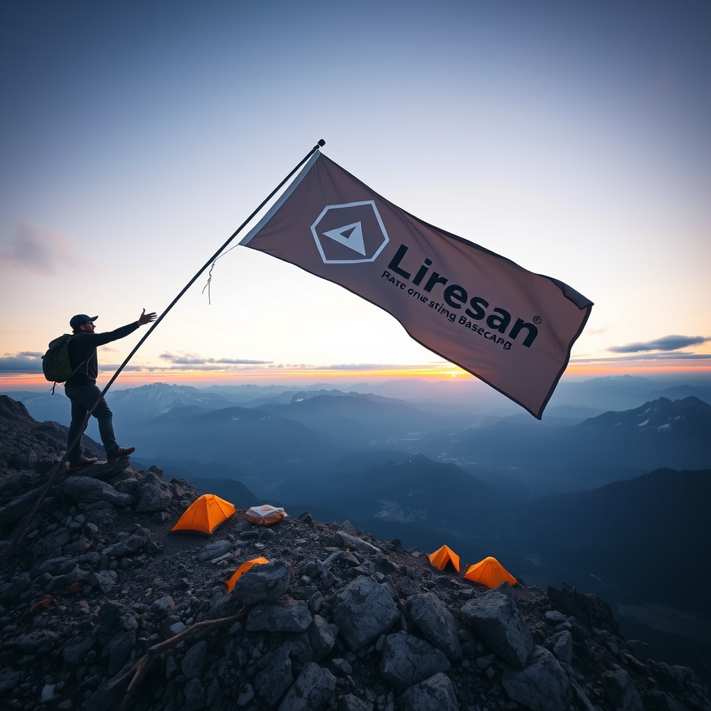A person confidently planting a flag with their unique logo on a mountain peak, with a warm, inviting basecamp visible far below in the valley.