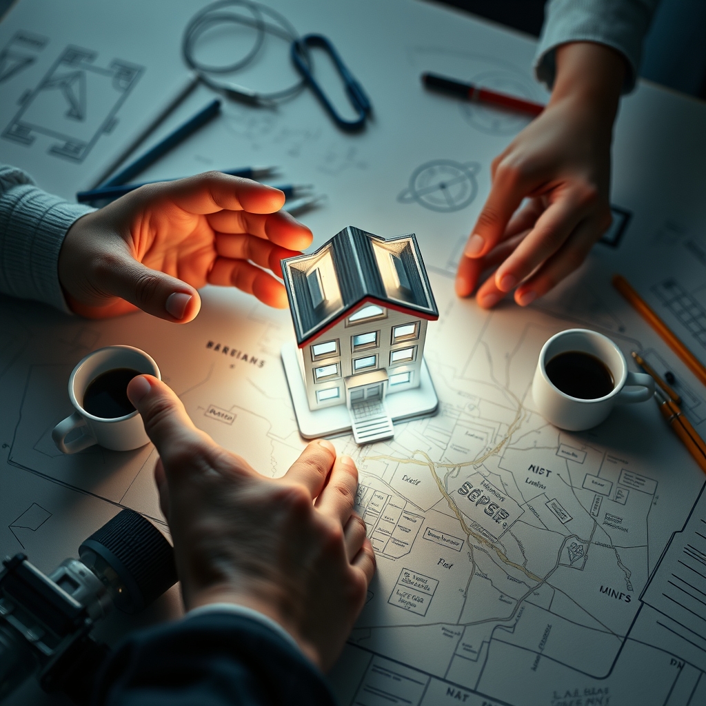 A collaborative scene where two hands are building a miniature, glowing homepage structure on a map, surrounded by sketches and coffee cups, symbolizing partnership in creation.