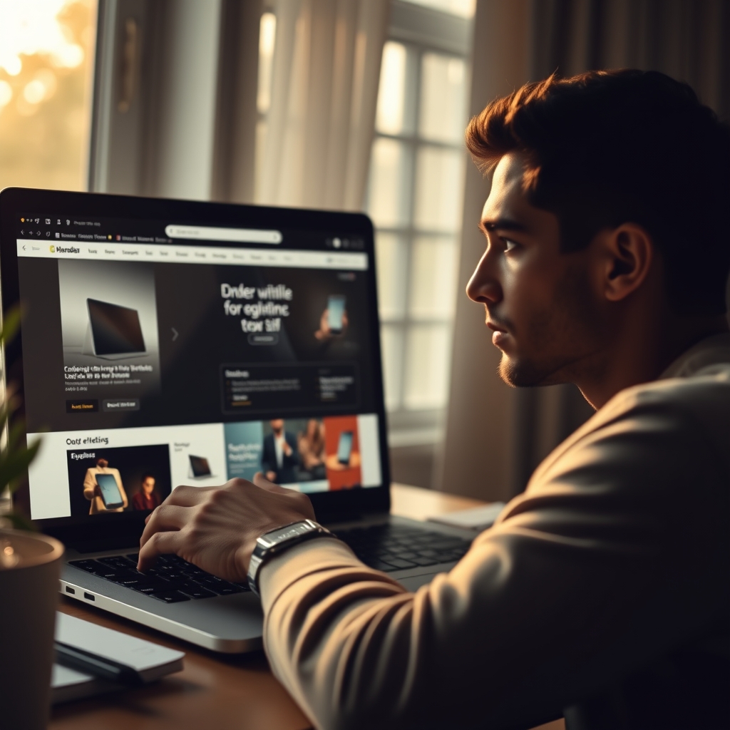 A person looking thoughtfully at a laptop screen displaying a beautifully designed product page, with soft afternoon light filtering through a window.