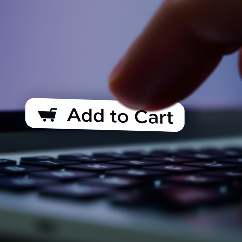 A close-up of a user's hand hovering over a keyboard, with the cursor poised on a beautifully designed 'Add to Cart' button that looks inviting and trustworthy.