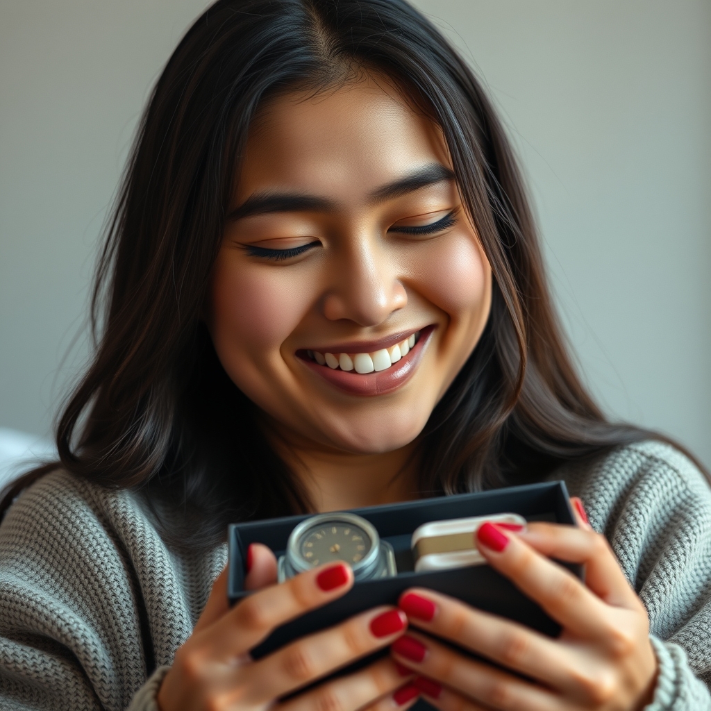 A serene, satisfied smile on a person's face as they unbox a product, with the packaging and product design shown to be elegant and thoughtful.