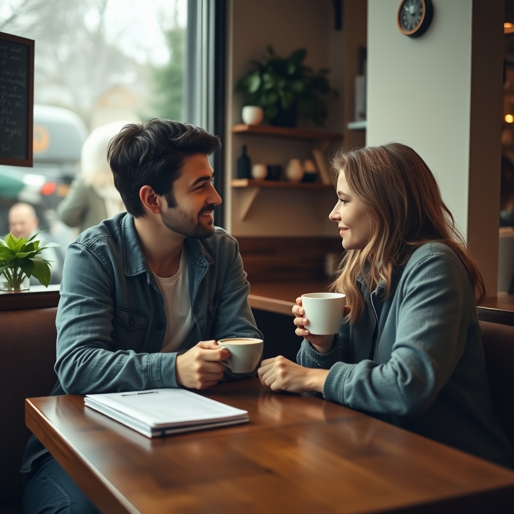 A cozy, softly lit cafe where two people are leaning in, having a genuine conversation over coffee, with notebooks and ideas sketched casually between them.