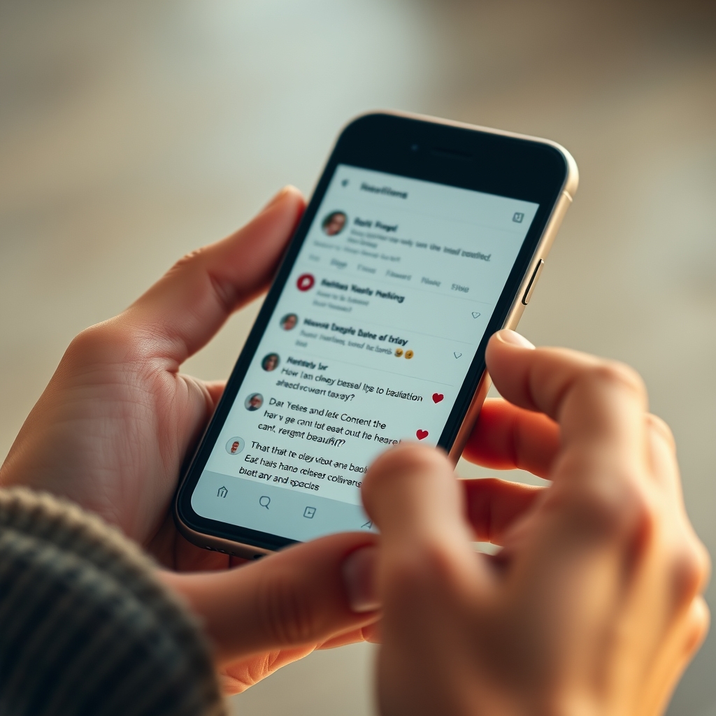 A close-up of hands holding a smartphone, showing a heartfelt, visually beautiful social media post with warm comments and reactions flooding in.