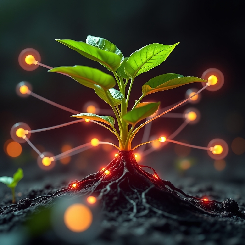 A vibrant, growing plant with its roots visibly connected to glowing nodes symbolizing community, trust, and conversation, representing organic growth through communication.