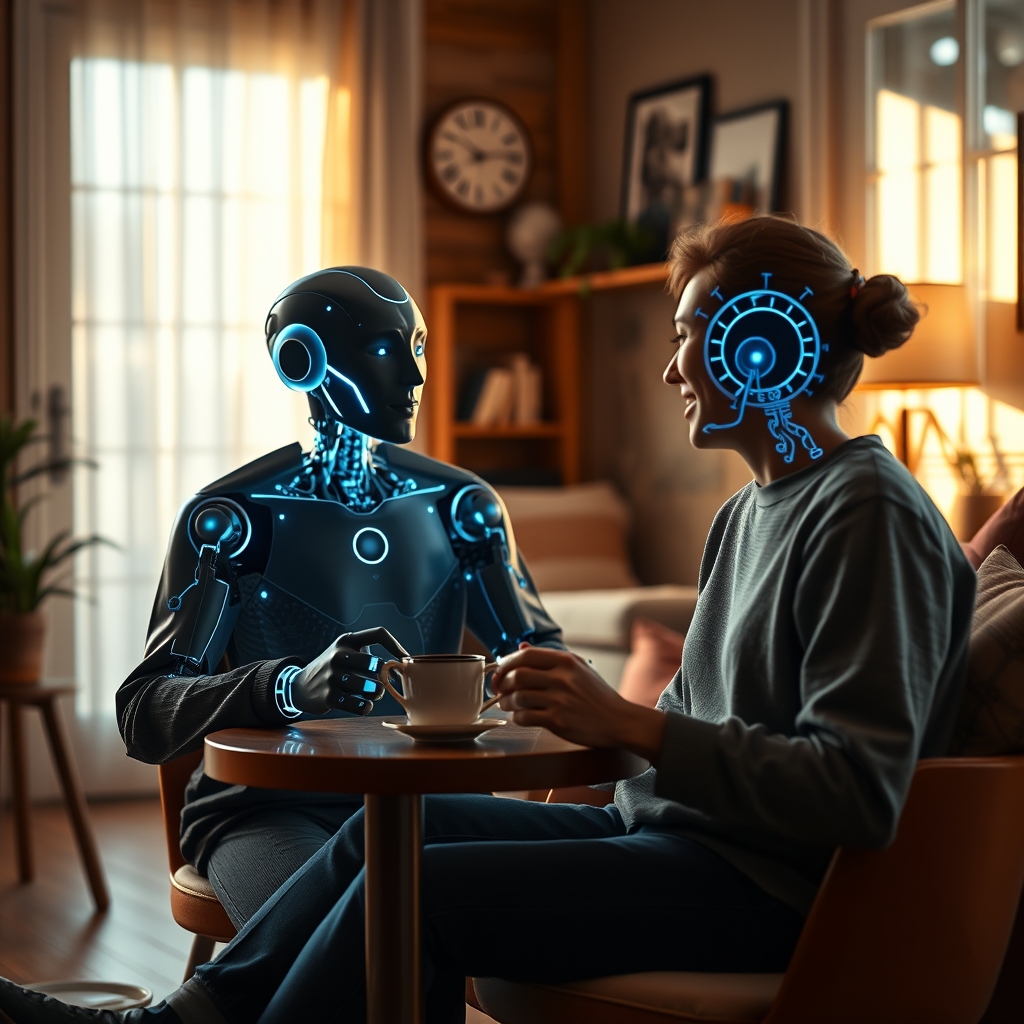 A warm, inviting scene of a person having a friendly, relaxed conversation with a glowing, abstract AI entity over a cup of coffee, in a cozy, sunlit studio.