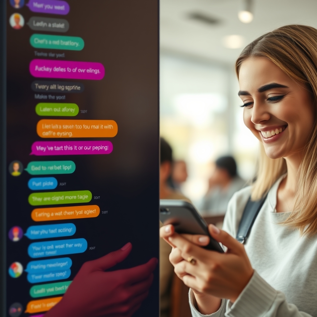 A split-screen image showing on one side a stream of colorful, personalized text messages between a user and an AI, and on the other side, a customer smiling while looking at their phone.