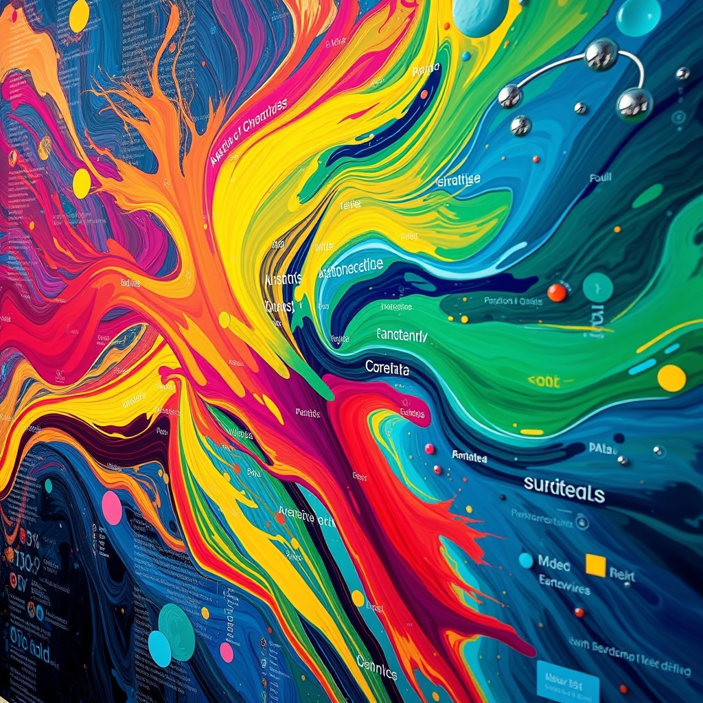 A vibrant, abstract painting being created, where brushstrokes of color are generated from flowing streams of data and words, symbolizing a brand's new identity emerging from conversations.