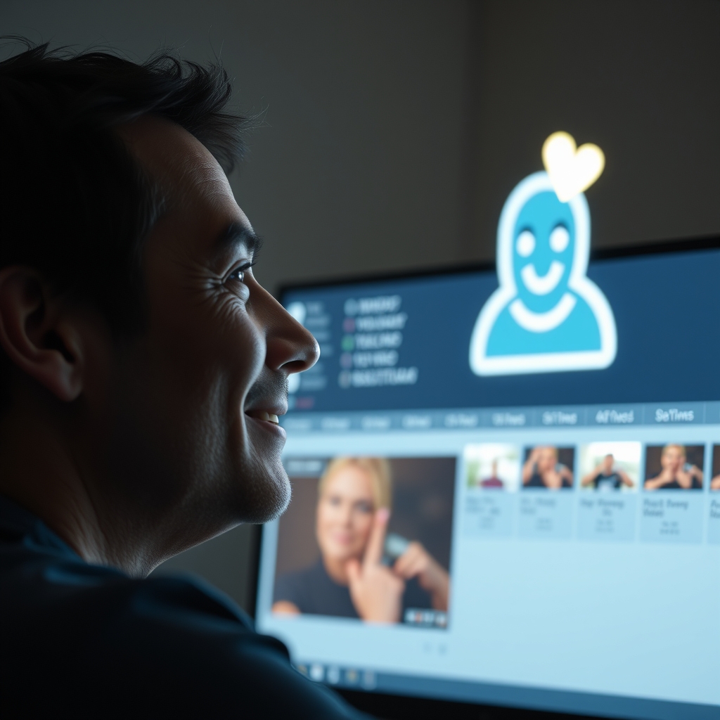 A person looking relieved while a friendly, glowing AI assistant icon organizes video clips on a timeline on a computer screen.
