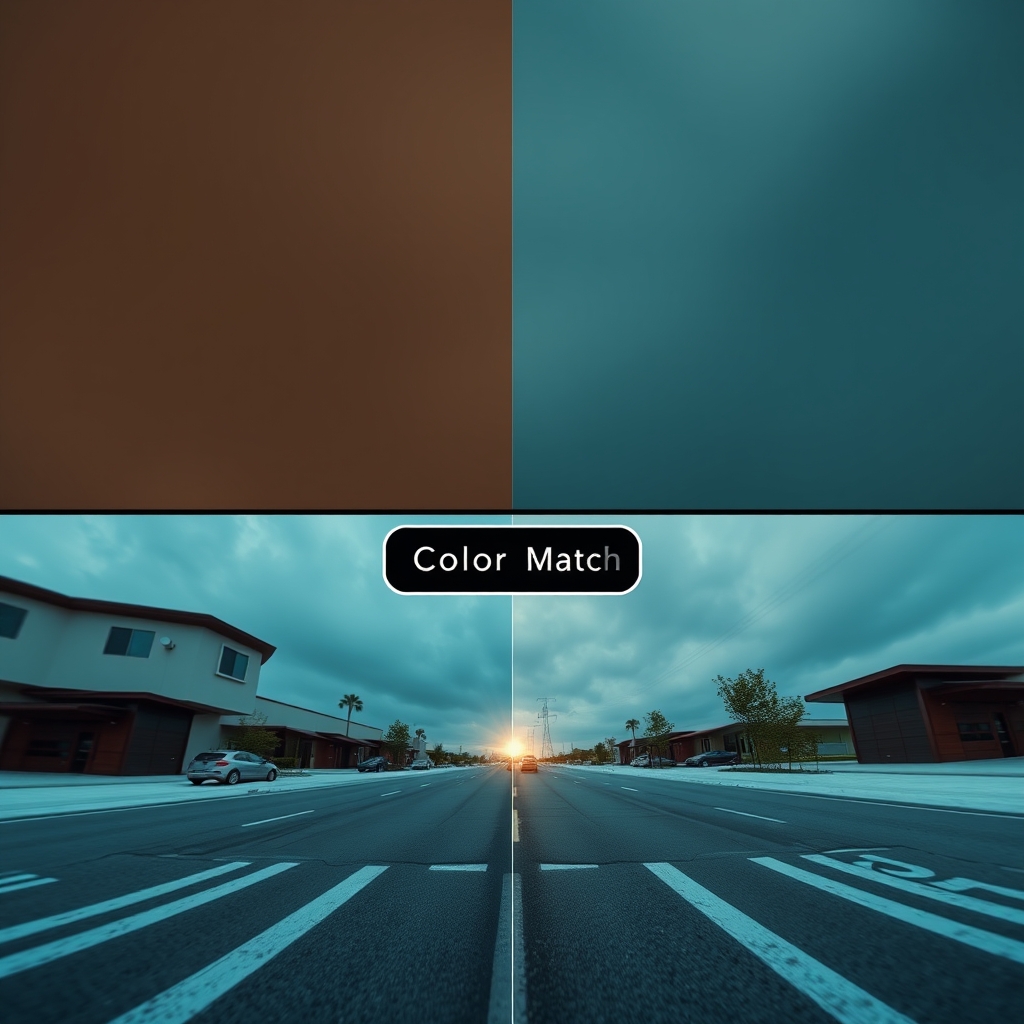 A split-screen showing a raw, flat video clip on the left transforming into a cinematically color-graded scene on the right with a simple 