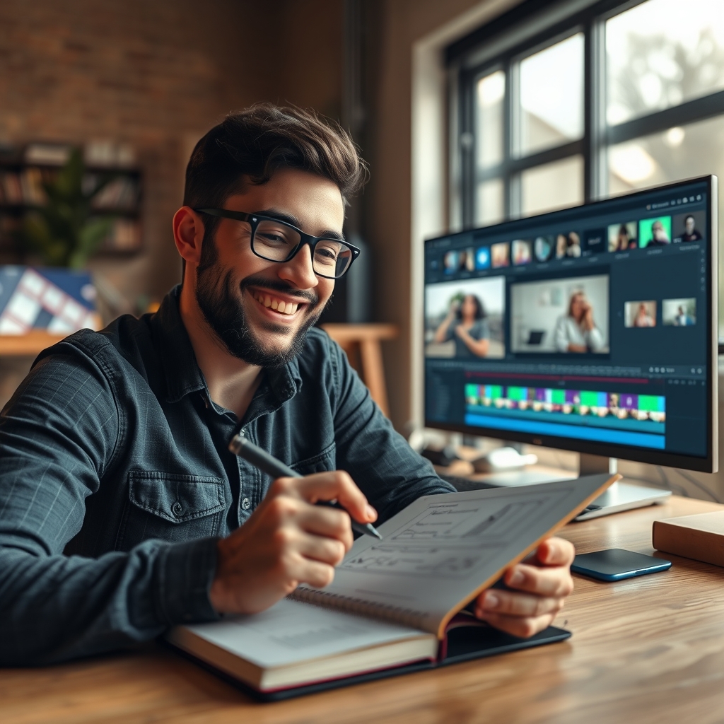 A content creator smiling and brainstorming story ideas on a notebook, while in the background, an AI interface seamlessly edits a video project on a monitor.