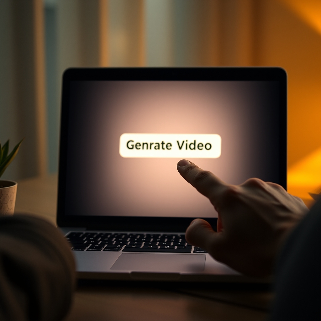 A person hesitantly clicking a 'Generate Video' button on a laptop, with a warm, encouraging glow emanating from the screen.