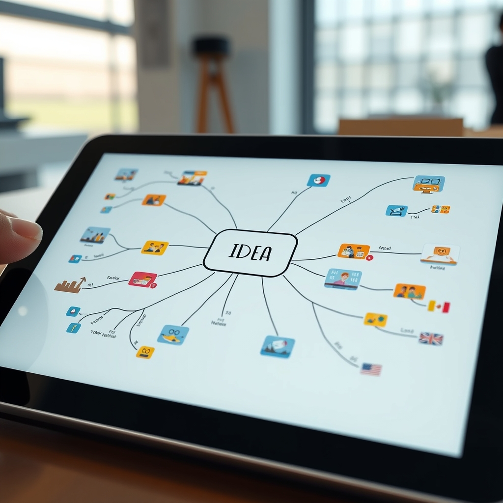 A mind map on a digital tablet, with a central idea branching out into colorful, simple icons representing video scenes, AI tools working around it.