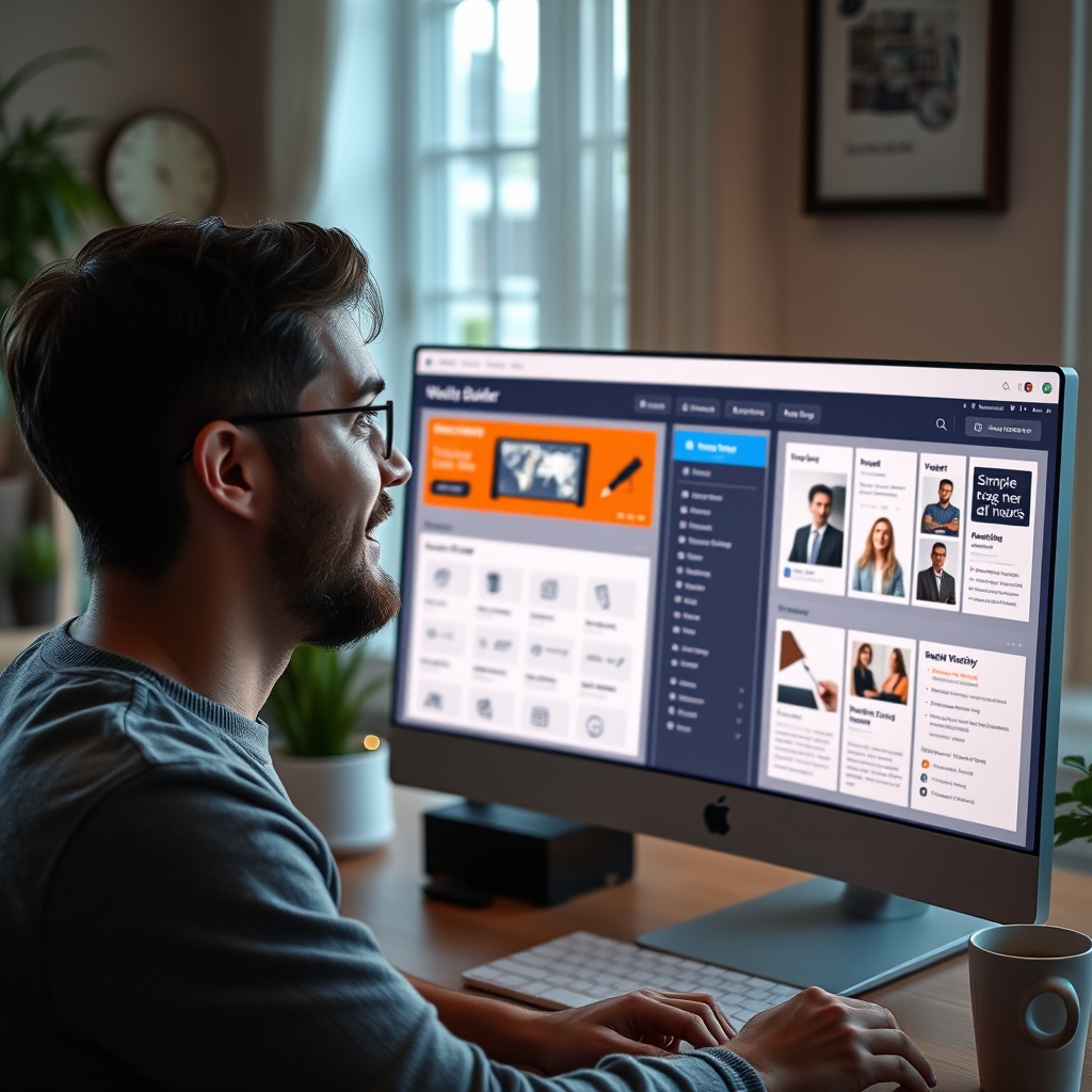 A person looking at a website builder dashboard with simple drag-and-drop tools, looking pleasantly surprised, cozy home office setting
