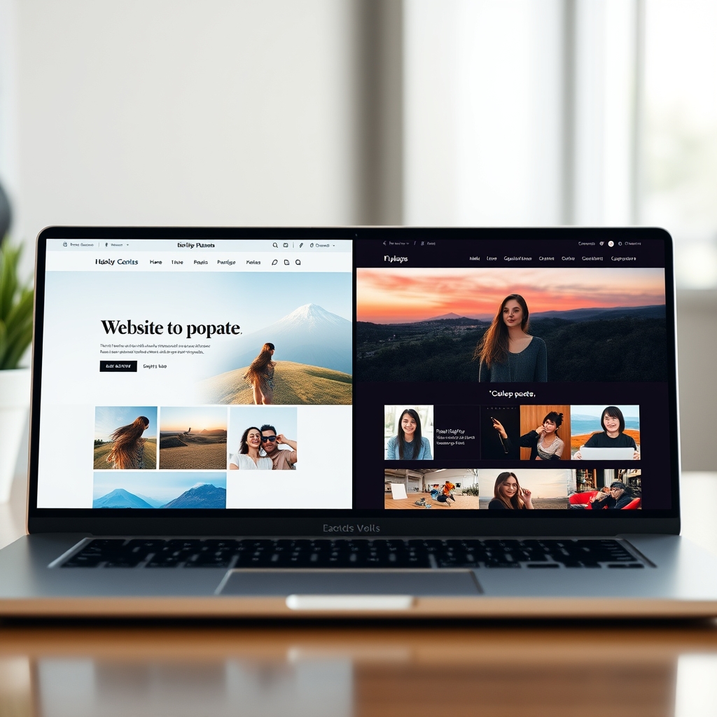 A split-screen showing a beautiful website template on one side and a customized version with personal photos and colors on the other, on a laptop screen