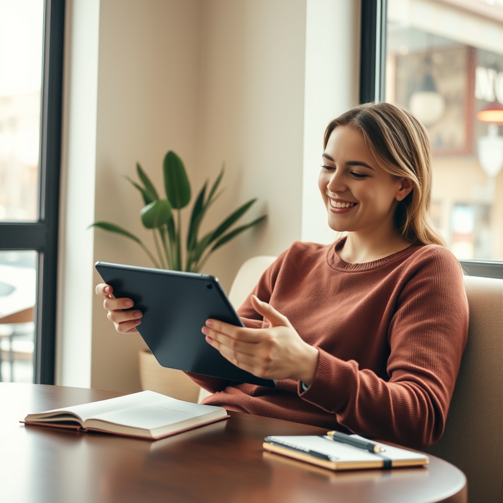 A person smiling while watching a tutorial video on a tablet, with a notebook for taking notes beside them, in a warm and bright cafe corner