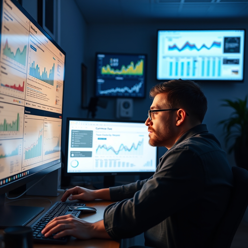 A tired marketing professional looking at multiple screens with analytics dashboards and content calendars, late evening office lighting