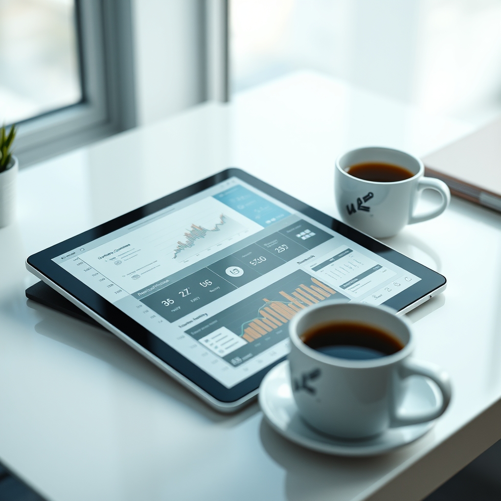 A sleek AI interface on a tablet, showing automated content generation and data visualization, sitting on a clean desk next to a coffee cup