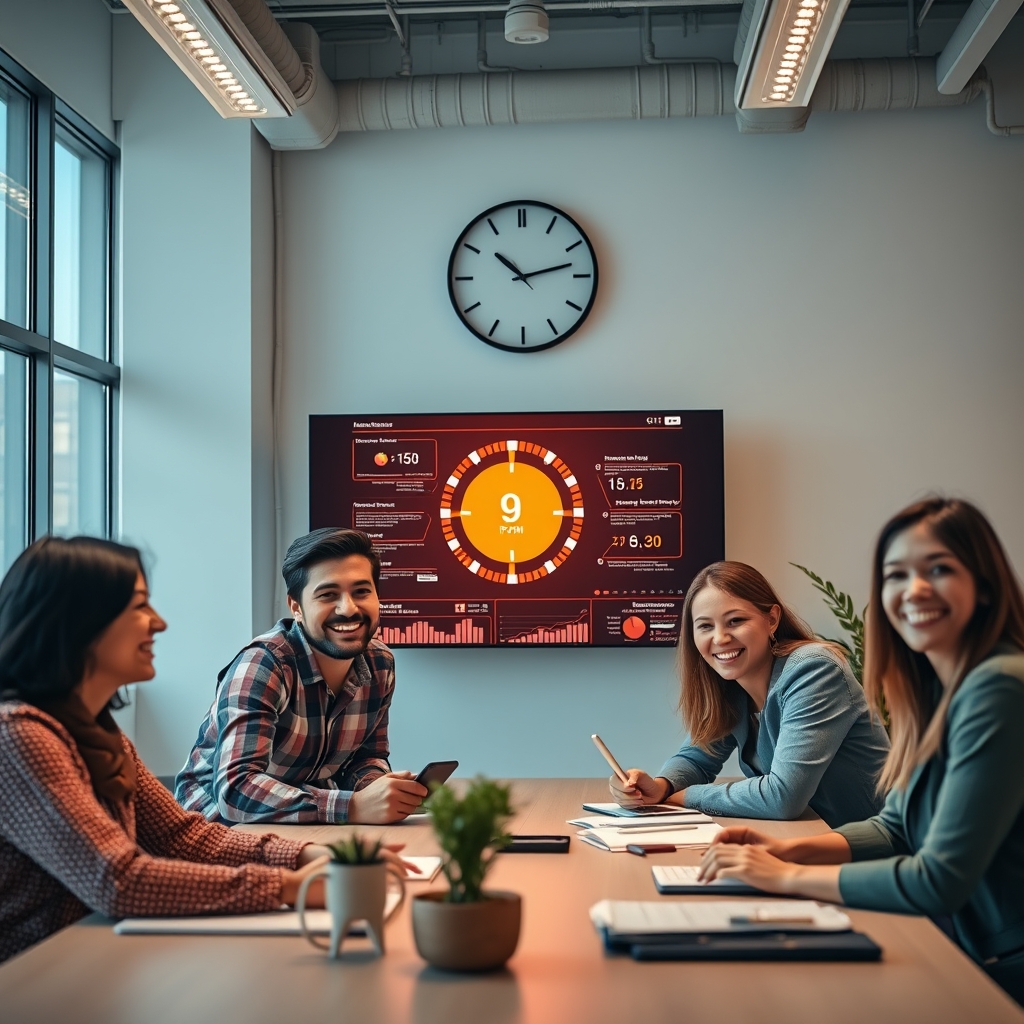 A marketing team smiling and collaborating in a bright office, clock on the wall shows 6 PM, with AI analytics glowing on a central screen