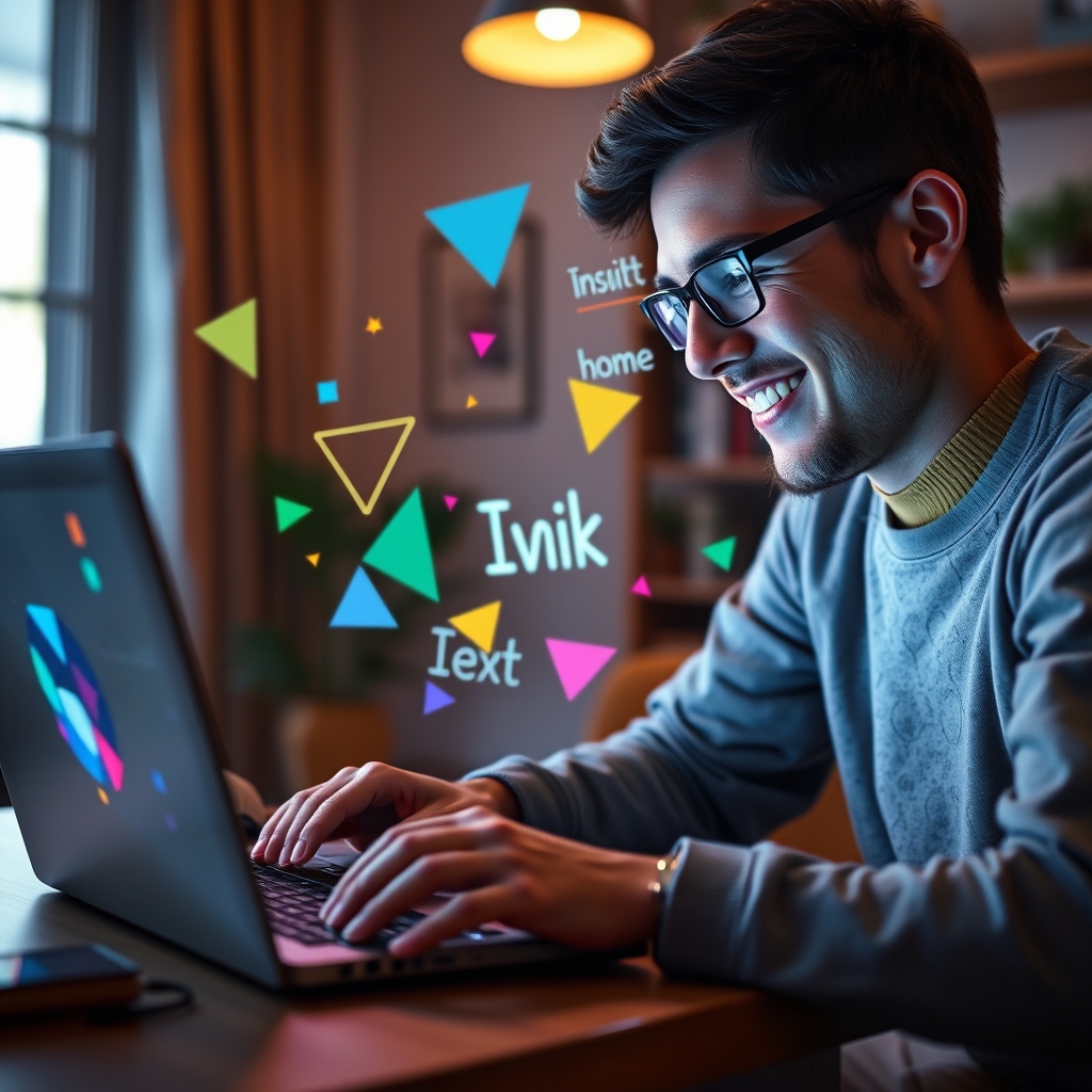 A person smiling while looking at a laptop screen that glows with colorful, abstract shapes and floating text ideas, in a cozy home studio.