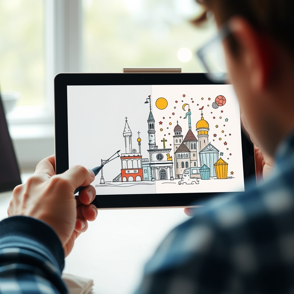 A split-screen image showing a hand-drawn sketch on paper transforming into a detailed, vibrant digital illustration through AI magic on a tablet.
