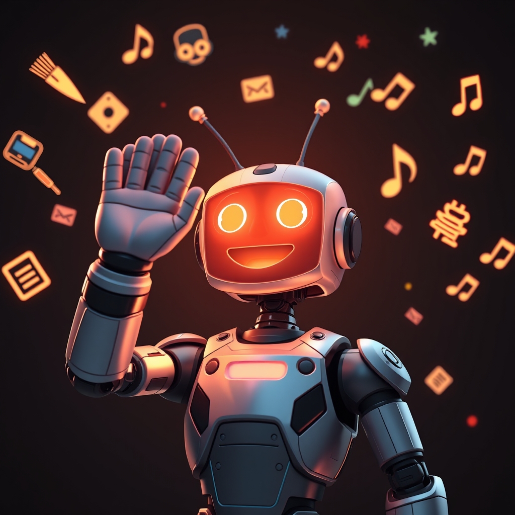 A joyful creator high-fiving a glowing, friendly robot avatar, surrounded by floating icons of paintbrushes, musical notes, and code brackets.