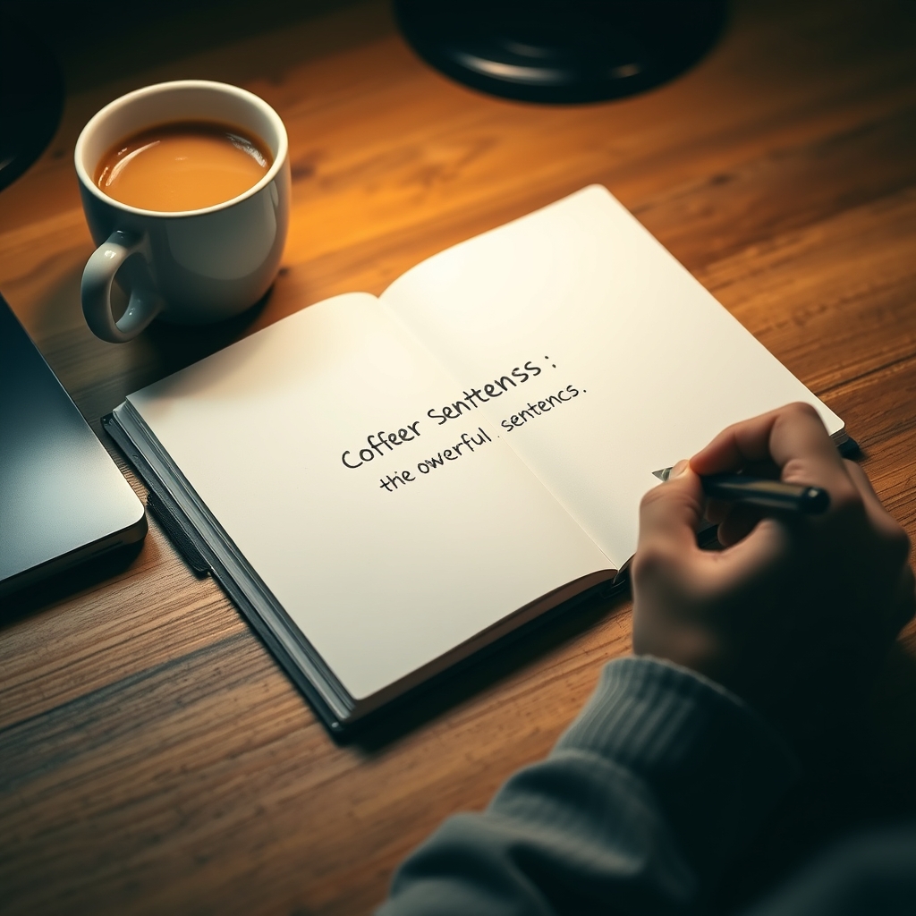 A person writing a single, powerful sentence in a clean notebook on a wooden desk, with a warm cup of coffee beside it, symbolizing clarity and focus.