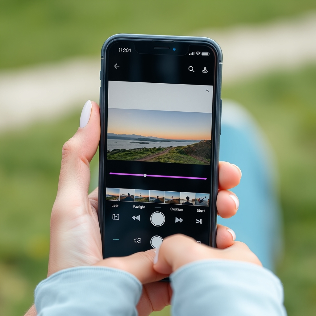 A smartphone screen showing a simple video editing app interface, with clean clips being arranged and a beautiful filter being applied, hands typing a text overlay.